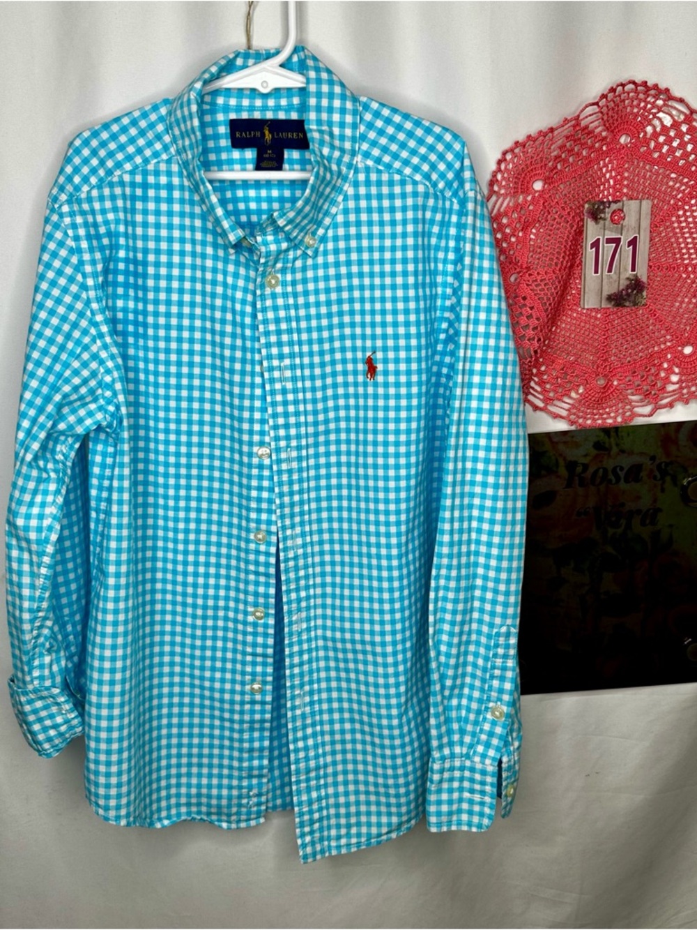 Ralph Lauren Turquoise and White Gingham Boys Button-Down Shirt Size M (10-12) - Picture 2 of 6